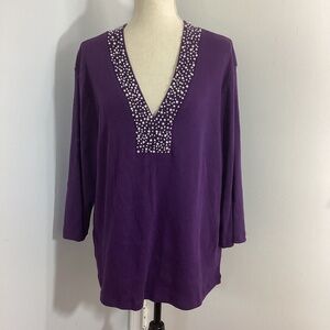 RAFAELLA WOMAN PLUS 2X PLUM COTTON  TOP BLOUSE V-NECKLINE PEARLS TRIM